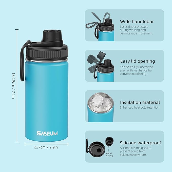 SASEUM Kids Sport Water Bottle 12oz Stainless Steel Double Wall Vacuum Thermal Mug with Leak Proof Spout Lids, Wide Mouth Metal Insulated Water Jug for Gym and Travel（Sky Blue）