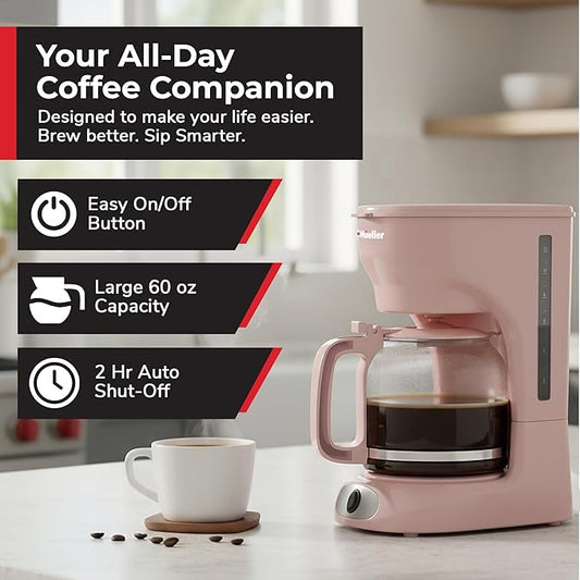 MUELLER HOME 12-Cup Pink Coffee Maker - Borosilicate Carafe, Auto-Off, Pink Kitchen Accessories, Reusable Filter, Anti-Drip, Kitchen Appliances, Keep-Warm Function