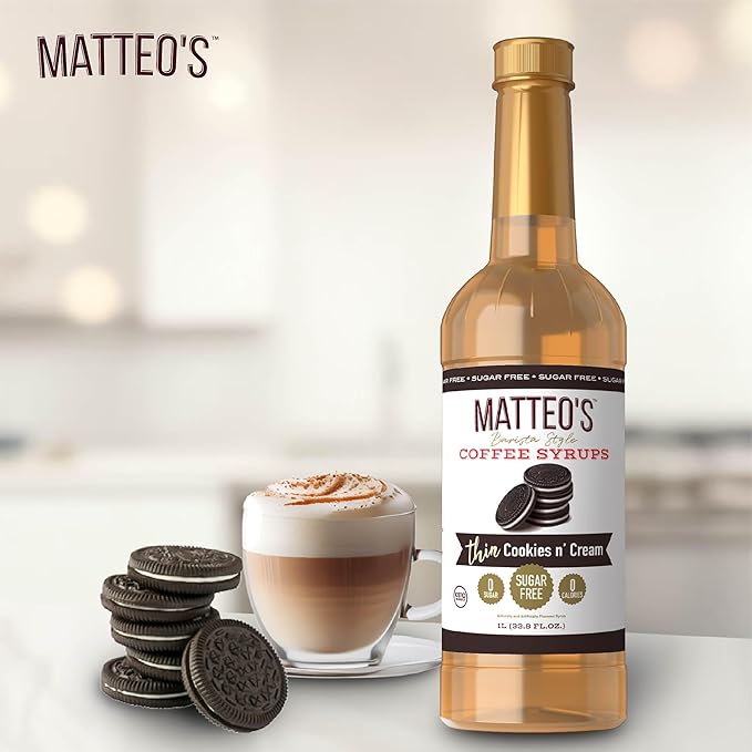 Matteo's Cookies and Cream Syrup for Coffee, Lattes, Cappuccinos & Desserts – Sugar-Free Sweetener for Beverages, Keto Friendly, Zero Calories, Indulgent Flavor, Non-Alcoholic, 33.8oz (6pk)