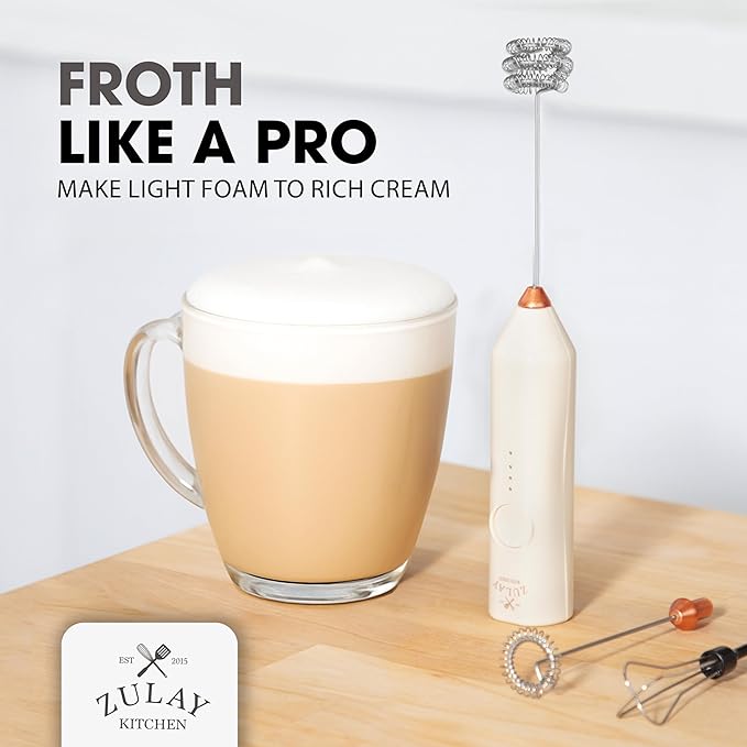 Zulay Kitchen Rechargeable Milk Frother - Dynamic - 3 Speeds, 3 Whisk Attachments, 500 mAh USB Charging, Drink Mixer For Latte, Cappuccino, Matcha, Protein Powder, Coffee Foam - Cream Copper