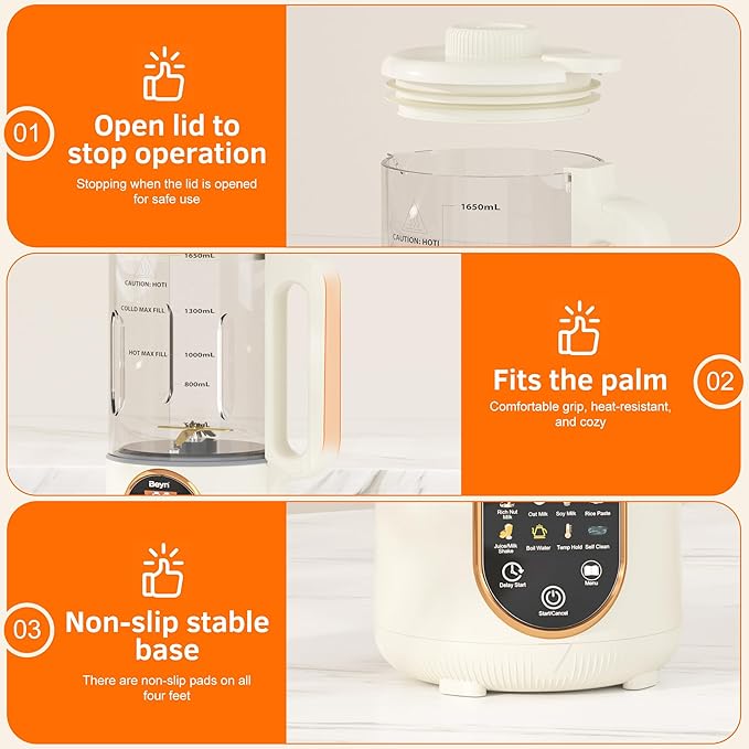 Beyn 10-in-1 Automatic Nut Milk Maker Machine, 60oz Large Capacity with 𝟒𝟖 𝐓𝐢𝐭𝐚𝐧𝐢𝐮𝐦 Blades & Self-Cleaning. for Homemade Almond, Soy, Oat Milk, Milkshake - Delay Start & Keep Warm Functions