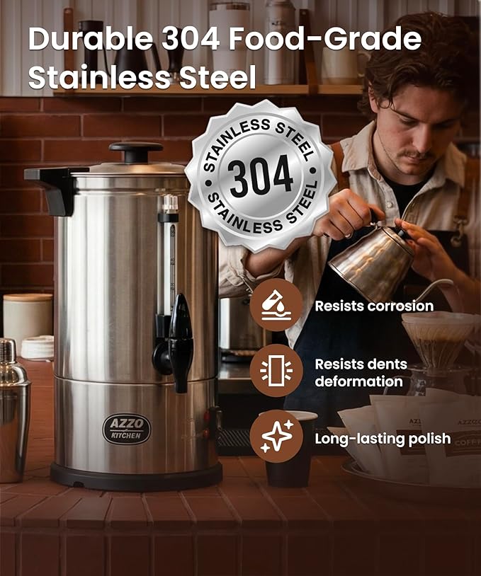 AZZO KITCHEN Commercial Coffee Maker 50-Cup Large Coffee Urn with Percolator Coffee Pot Electric 8L Stainless Steel Fast Brew Hot Water Dispenser for Tea Catering Events Home Office Easy Cleaning