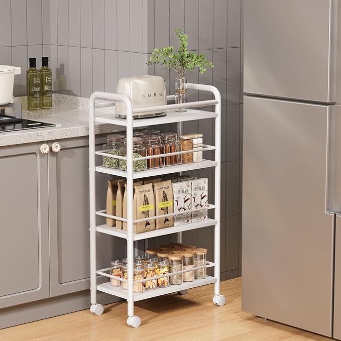 Slim Storage Cart, 4-Tier Small Rolling Cart with Wheels, 9.1" Deep, Narrow Bathroom Shelf Trolley for Kitchen, Bathroom, Laundry Room, White Large 4-Tier (9.1" W x 33.6" H)