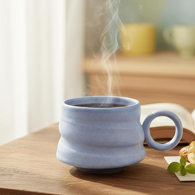 Handmade Ceramic Coffee Mug, 8.5 oz Rustic Stoneware Tea Cup, Microwave and Dishwasher Safe(Azure)
