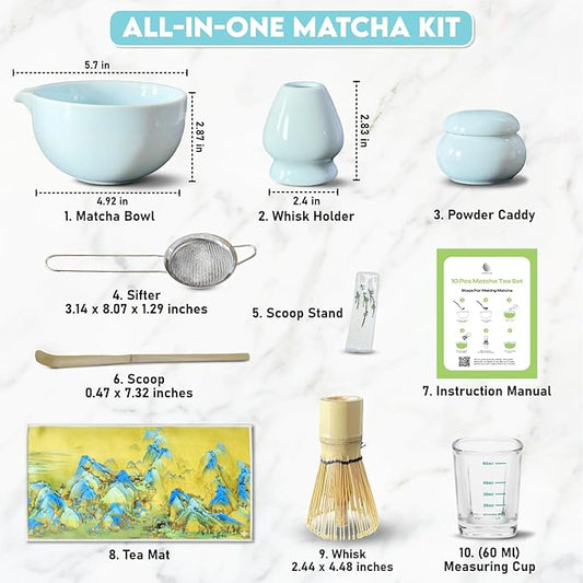 10-Piece Matcha Whisk Set | Complete Matcha Tea Kit with 17oz Ceramic Bowl, Bamboo Whisk & Scoop, Whisk Holder, Stainless Steel Sifter, Measuring Cup, Powder Caddy, Tea Towel | Gift-Ready Matcha Set