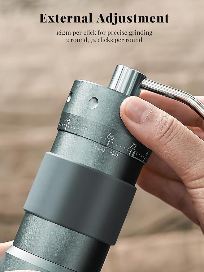 SimCoker Manual Coffee Grinder, 16μm/Click, Espresso Grinder with CNC Stainless Steel Conical Burr, Numerical External Adjustable Setting, Aluminium Body, Compatible with Drill, Grey