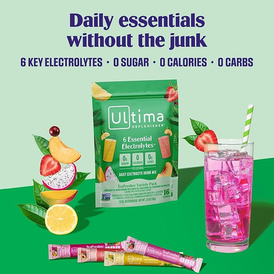 Ultima Replenisher Electrolyte Powder & Instant Tea Drink Mix – TeaFresher Variety, 16 Stickpacks – Sugar Free Electrolytes Hydration Packets with Fruit & Tea Fusions – Plant Based & Keto Friendly