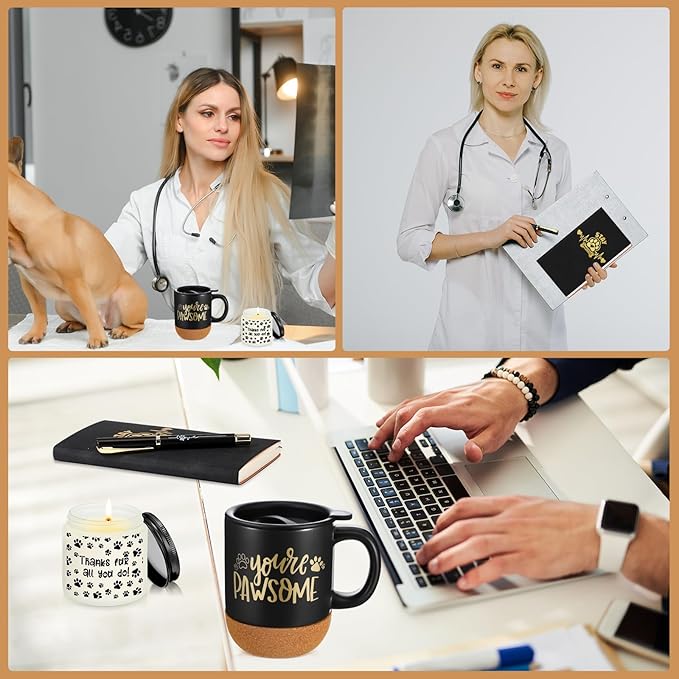4 Pcs Veterinary Gifts Set Black Thank You Gift for Cat Dog Groomers Trainer Coffee Mug Scented Candle Notebook Pen for Vet Tech Veterinary Assistant Receptionist Dog Sitter Daycare Coworker