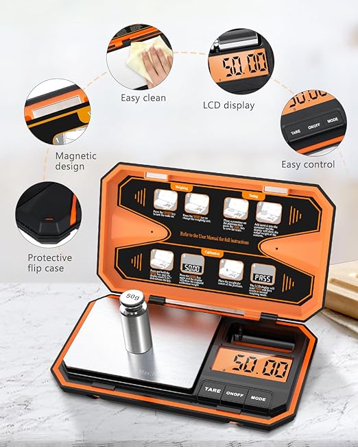 ORIA Digital Pocket Scale, 500g/0.01g High Precision Gram Scale with 50g Calibration Weight, Tare Function, 6 Units, Mini Portable Scale for Coin, Jewelry, Food, Coffee, Battery Included, Orange