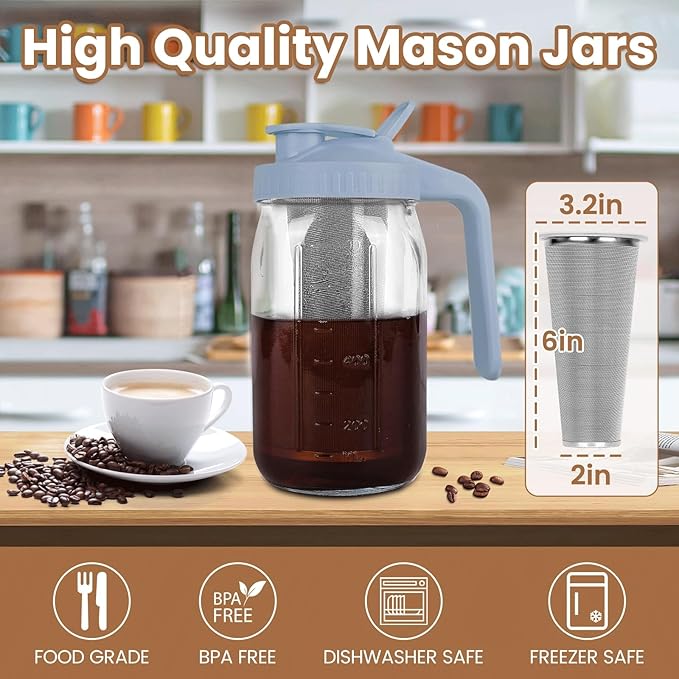 QHH Cold Brew Coffee Maker,32 oz Mason Jar Pitcher with Stainless Steel Filter, Pour Spout Handle Lid, Heavy Duty Glass Airtight & Leak-Proof Pitcher for iced coffee Tea Lemonade-Gray