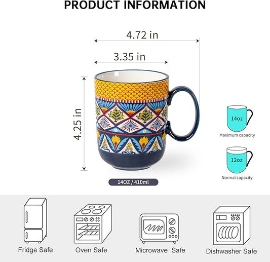 HENXFEN LEAD Boho Ceramic Coffee Mugs Set of 6 – 14 oz Porcelain Cups for Latte, Cappuccino, Tea & Cocoa – Microwave & Dishwasher Safe
