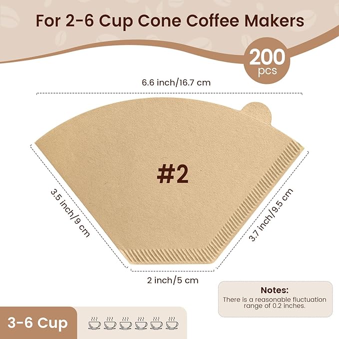 200 Count Cone Coffee Filters #2, Clinuse Unbleached Size 02 Coffee Filter 2-6 Cup, Disposable Natural Paper Filters, 02 Cone Filters for Pour Over and Drip Coffee Maker