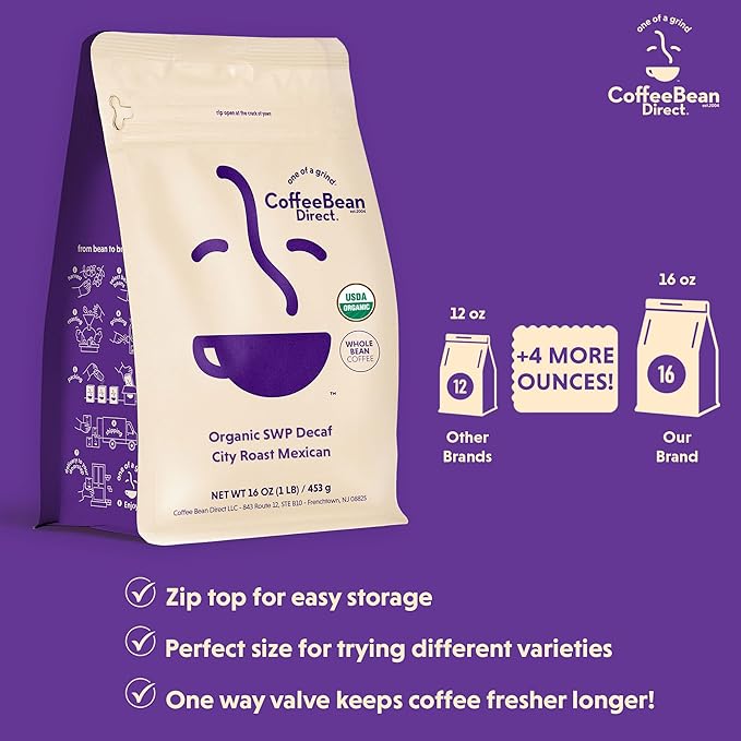Coffee Bean Direct Organic Swiss Water Process Mexican Chiapas, Whole Bean Coffee, City Roast, 1 Pound Bag (Pack of 1)