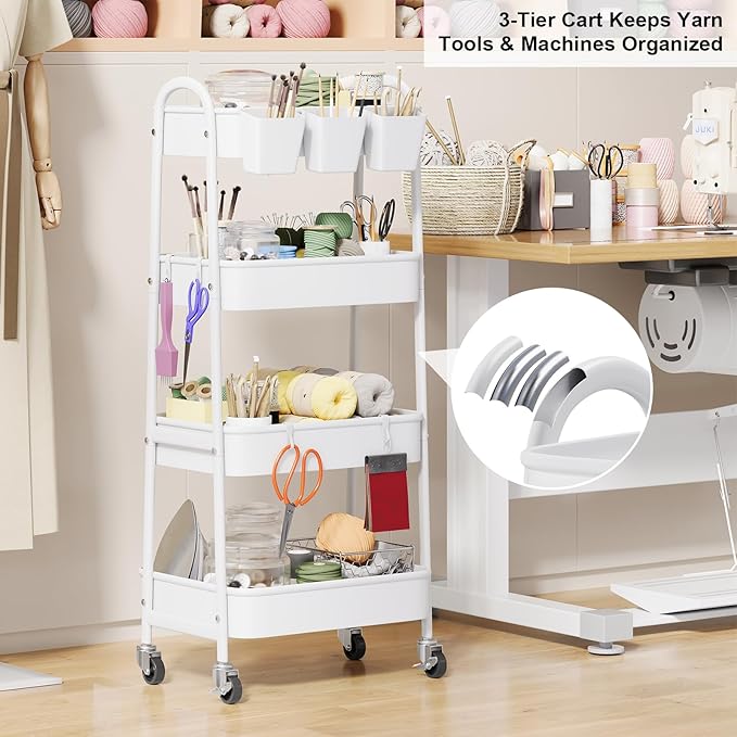 White 4 Tier Rolling Cart Metal with Wheels, Heavy Duty Utility Storage Organizer Carts on Wheels, Four Tiered Roller Cart for Kitchen, Book, Snack, Craft, Art, Dorm, Large Capacity Basket, 38in Tall