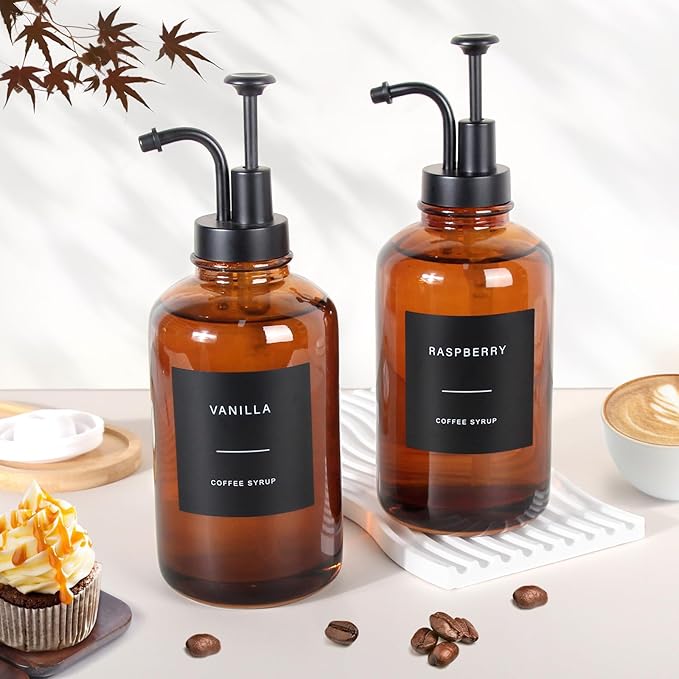 GYOSUGANG Coffee Syrup Dispenser, Set of 4 Amber Glass Syrup Bottle w. Pump and Labels, 16.9 oz 500ml Glass Syrup Bottle with Pump, Farmhouse Syrup Dispenser for Coffee Bar, Ideal Gift