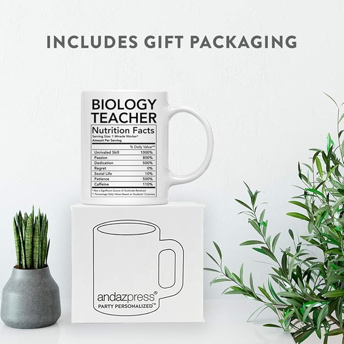 Andaz Press Funny 11oz. Ceramic Coffee Tea Mug Thank You Gift, Biology Teacher Nutritional Facts, 1-Pack
