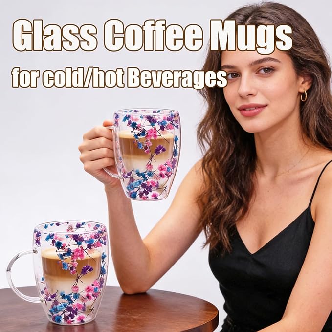 Viovian 13oz Double Wall Glass Coffee Mugs Set of 2 Insulated Glass Coffee Cups with Handles,Clear Dried Flower Tea Mug for Hot Beverages,Tea Cup Women Birthday Gifts