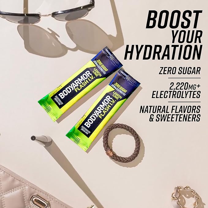 BODYARMOR Flash IV Electrolyte Packets, Lemon Lime - Zero Sugar Drink Mix, Single Serve Packs, Coconut Water Powder (6 Count) (Pack of 2)