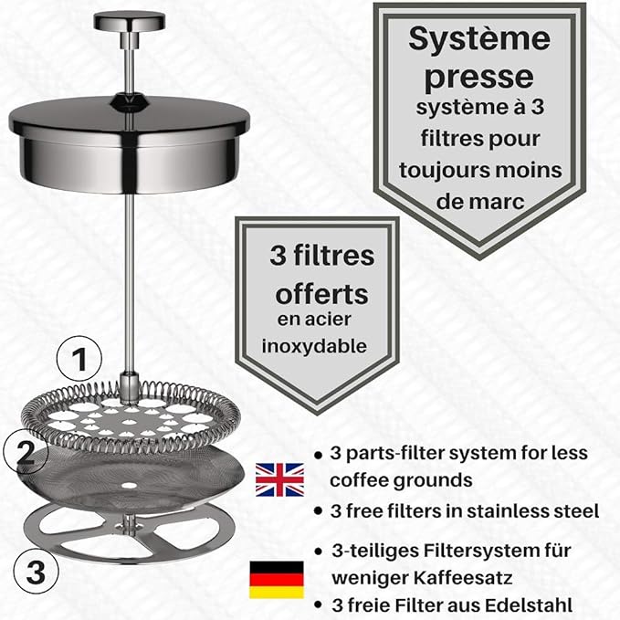 VeoHome - 0.75 litre plunger - Unbreakable and keeps the coffee hot for a long time thanks to its double stainless steel shell