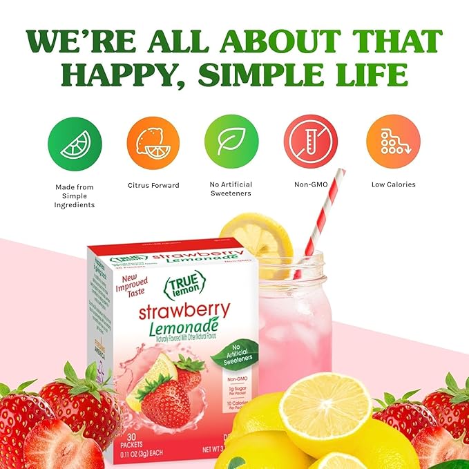 True Lemon Strawberry Lemonade 30ct (Pack of 1) - Drink Mix - No Artificial Sweeteners, Low Calorie - Powdered Drink Mixes & Flavors - Water Flavor Packets & Water Enhancer with Stevia
