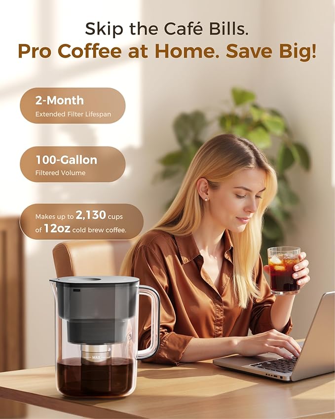 Waterdrop Cold Brew Coffee Maker with 1 Magnesium Water Filter, Well-Balanced Acidity, Unlocks Flavor and Aroma, BPA-Free, Precision Fine Mesh Filter for Iced Coffee, Tea, Lemonade, Black