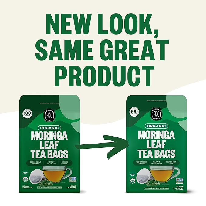 FGO Organic Moringa Mint Tea, 100 Count, Eco-Conscious Herbal Tea Bags, Resealable Bag, Caffeine Free, Packaging May Vary (Pack of 1)