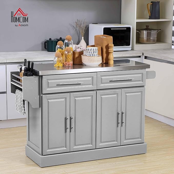 HOMCOM Rolling Kitchen Island Cart with 47" Stainless Steel Top, Portable Island Table for Kitchen with Wheels, Adjustable Shelves, 2 Drawers, Spice, Knife and Towel Rack, Gray