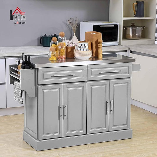 HOMCOM Rolling Kitchen Island Cart with 47" Stainless Steel Top, Portable Island Table for Kitchen with Wheels, Adjustable Shelves, 2 Drawers, Spice, Knife and Towel Rack, Gray