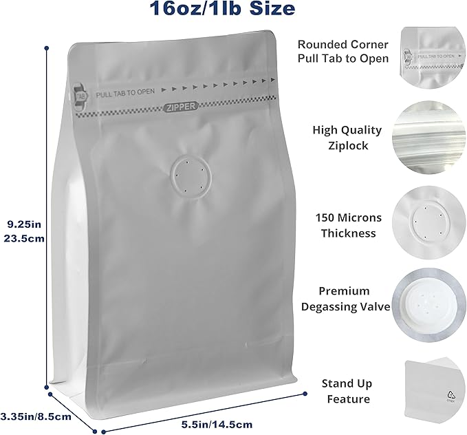 High Barrier Aluminium Foil Liner White Kraft Paper Coffee Bags, Flat Bottom Coffee Pouches with Degassing Valve, Food Storage Bags with Rsealable Zipper & Easy Open Tape (50pcs, 16oz/1lb)