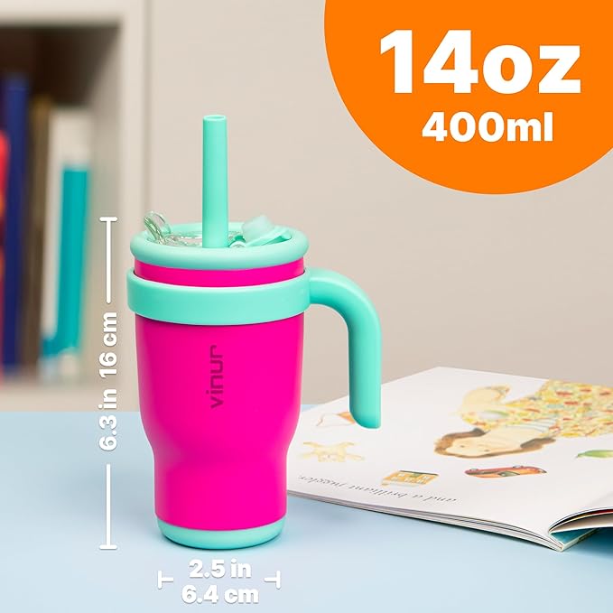 VINUR Kids Tumbler with Handle-14 oz Stainless Steel Double Wall Vacuum Tumbler with Straw, Travel Leak Proof Water Cup with Lid (Rose Pink)
