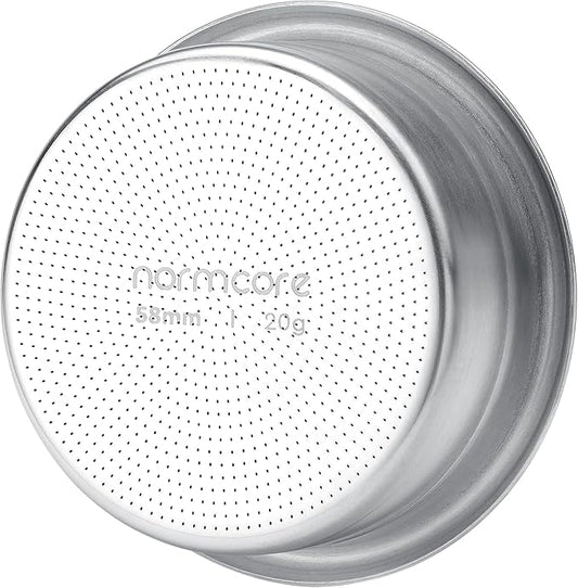 Normcore 58mm Precision High Extraction Basket, 20g Espresso Filter Basket, 0.8mm Thick Stainless Steel, 0.28mm Hole Diameter, Includes 58.5mm Puck Screen and 200pcs Filter Paper, 20 Gram