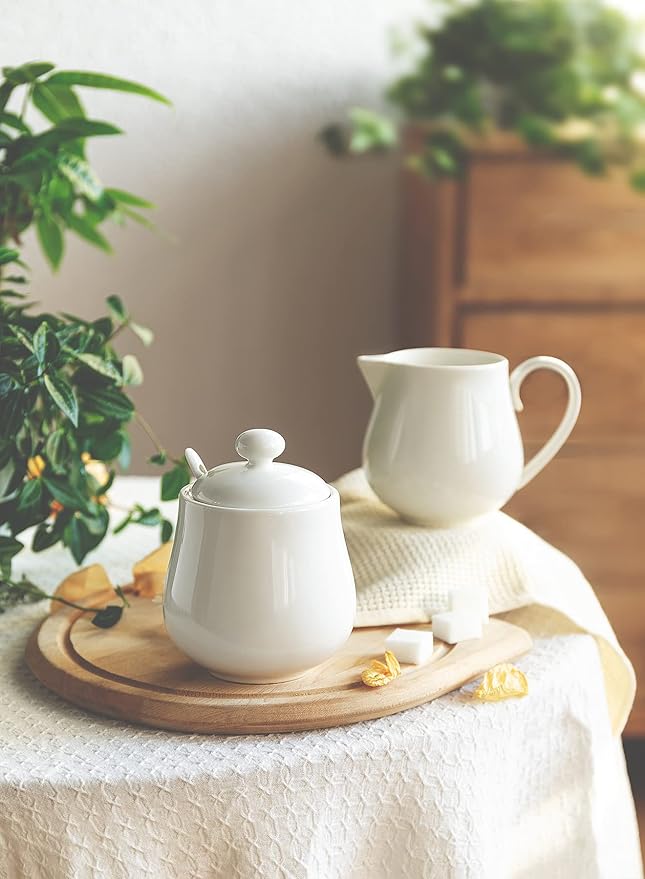 Sweese 12 Ounce Porcelain Sugar and Creamer Set, Coffee Serving Set, 3 Piece with Creamer Pitcher, Sug