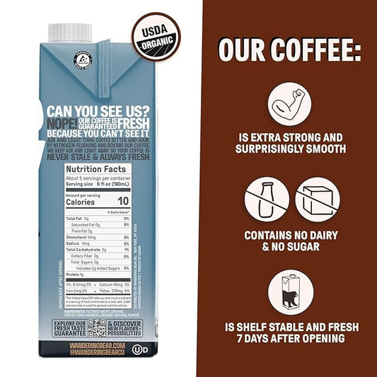 Wandering Bear Organic Vanilla Cold Brew Coffee - Extra Strong, Bold, Smooth, Unsweetened, Shelf-Stable, Ready to Drink, Gluten Free, & Vegan Iced Cold Brewed Coffee Drink - 32 fl oz, 6 pack