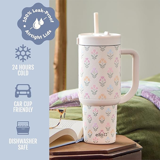 Ello Oasis 40oz Stainless Steel Water Bottle - Flower Quilt