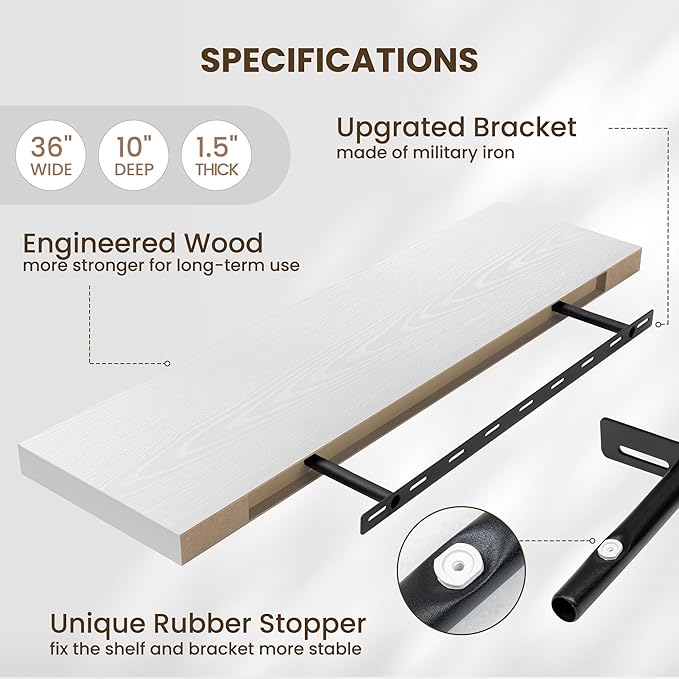 Fun Memories Floating Shelves Set of 2, 36 Inch Long Wooden Wall Shelves, 10 Inch Deep Wall Mounted Storage Shelf with Metal Brackets for Living Room, Bathroom, Bedroom and Kitchen, White