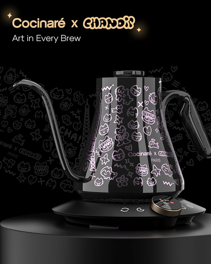 Cocinare Collab Collection Chanior Black Gooseneck Electric Kettle, ±0.5℉ Precise Temperature Control for Pour-Over Coffee & Tea, Quick Heating 1500W, Stainless Steel Interior, 0.9L