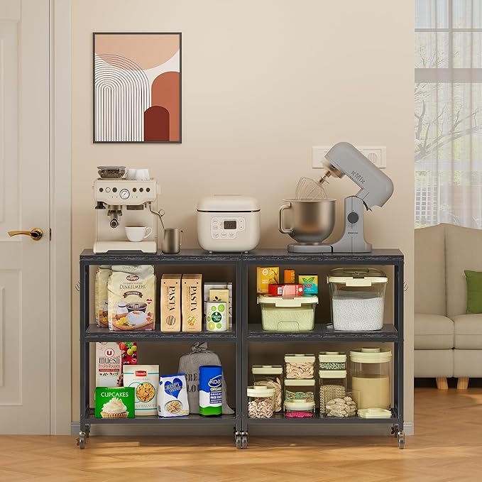 Rolling Kitchen Microwave Cart with 6 Hooks, 3 Tier Utility Cart Storage Table Stand on Lockable Wheels, Small Coffee Shelf Rack Organizer,Black