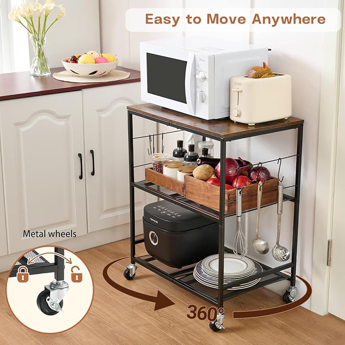 Rolling Kitchen Microwave Cart, 3 Tier Microwave Stand with Storage, Small Kitchen Island on Wheels, Wood and Mental Kitchen Shelf Rack, Black Organizer for Living Room, Office, Balcony