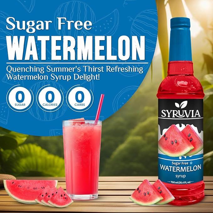 Syruvia Sugar-Free Watermelon Syrup, Flavored Syrup for Drinks, Cocktails, Lemonades, Iced Teas, and Desserts – 25.4 fl oz, With Pump