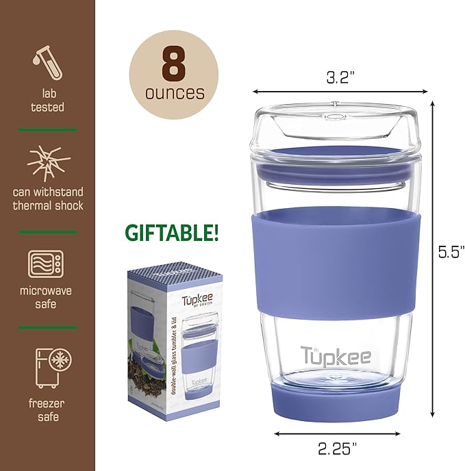 Tupkee Double Wall All Glass Tumbler - 8-Ounce, Reusable Insulated Tea/Coffee Mug & Lid, Hand Blown Glass Travel Mug - Jacaranda - 2 Pack