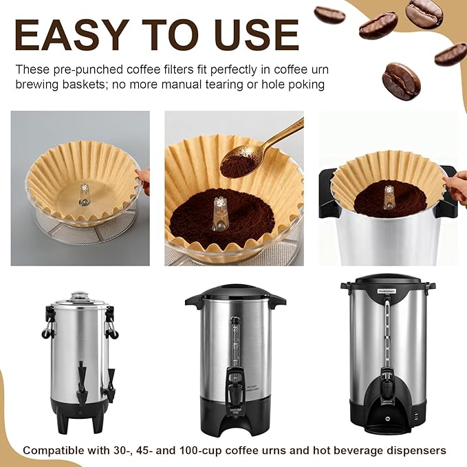 Feifeiya 100 Pcs Pre-punched Holes Coffee Filters for 30cup 45cup 100 Cup Coffee Urn Brewing Basket & Hot Beverage Dispenser Disposable Natural Wood Pulp Paper Filters with Tall-sided Design(Brown)