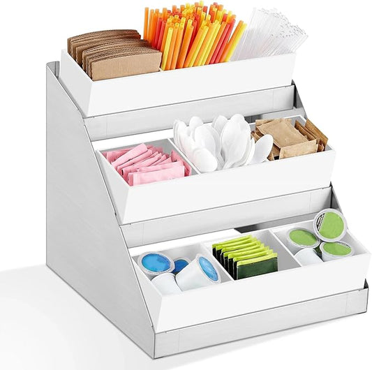 Maxdot Coffee Station Organizer, 3-Tier Stainless Steel Condiment Station with Acrylic Bins, Condiment Organizer for Countertop Station13.4"x11.4"x12.4" for Coffee Bar Shops Kitchen Restaurants Bar