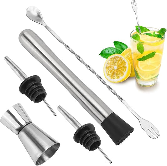 5 Pack Muddler for Cocktails Set - 304 Stainless Steel Cocktail Muddlers Versatile Cocktail Spoon, 2 Pcs Wine Pourer