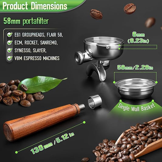58mm Portafilter for E61 Group Head , Flair 58, ECM, Rocket, Sanremo, Synesso, Slayer, VBM Espresso Machines , Dual Spout Espresso Handle with Siam Rosewood Grip & 304 Stainless Steel Basket