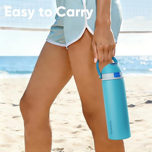 Insulated Water Bottle with Straw - Encool Stainless Steel Water Bottle with Push Button Lid, Leak-Proof & BPA-Free, Keeps Cold for 24 Hours for Sports, Travel, Gym (32 oz, Silk Blue)
