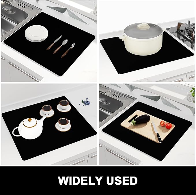 Rnivvi Dish Drying Mat, 16x18" Absorbent Drying Mat for Kitchen Counter, Cute Heat Resistant Dish Drying Pad Anti-Slip Dish Mat Drying Kitchen Mat, Dish Rack Mats for Bar Counter, Jet Black