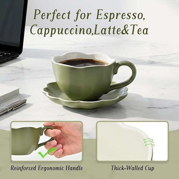 MyBudsBuzz Ceramic Espresso Cups with Saucers 6 oz,Coffe Cups for Cappuccino,Latte,Tea with Saucers Set of 2 - Flower - Vintage Green
