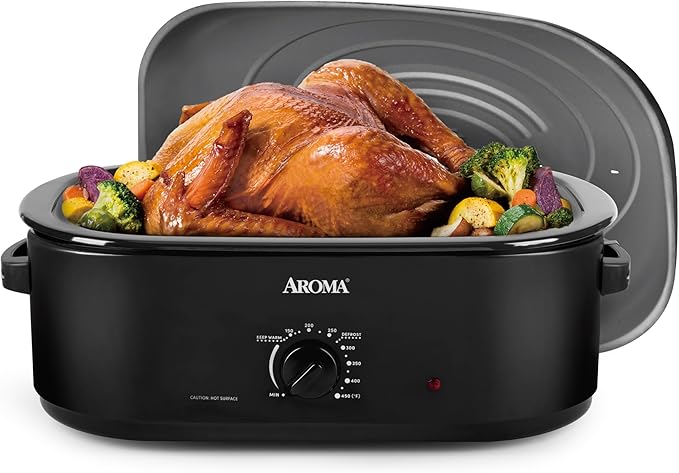 AROMA 18Qt. Roaster Oven with Self-Basting Lid, Fits 22-lb. Turkey, Adjustable Temperature Settings, Keep Warm Setting, Black (ART-718B)