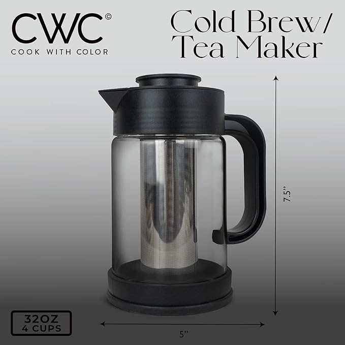 COOK WITH COLOR Cold Brew & Tea Maker - High Borosilicate Glass, PP Handle and Cover, 304 Stainless Steel Filter, TPR Base - Black