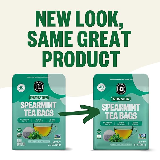 FGO Organic Spearmint Leaf Herbal Tea, 40 Count, Eco-Conscious Tea Bags, Caffeine Free, (Pack of 1)